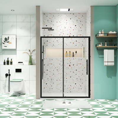 Porte de douche coulissante de 50 po à 54 po x H 72 po, verre trempé, noir mat, nettoyage facile, film de protection, droit universel gauche, coffre-fort noir de 72 po, nettoyage de 1/4 po, poignée en acier inoxydable, dispositif d'étanchéité ,