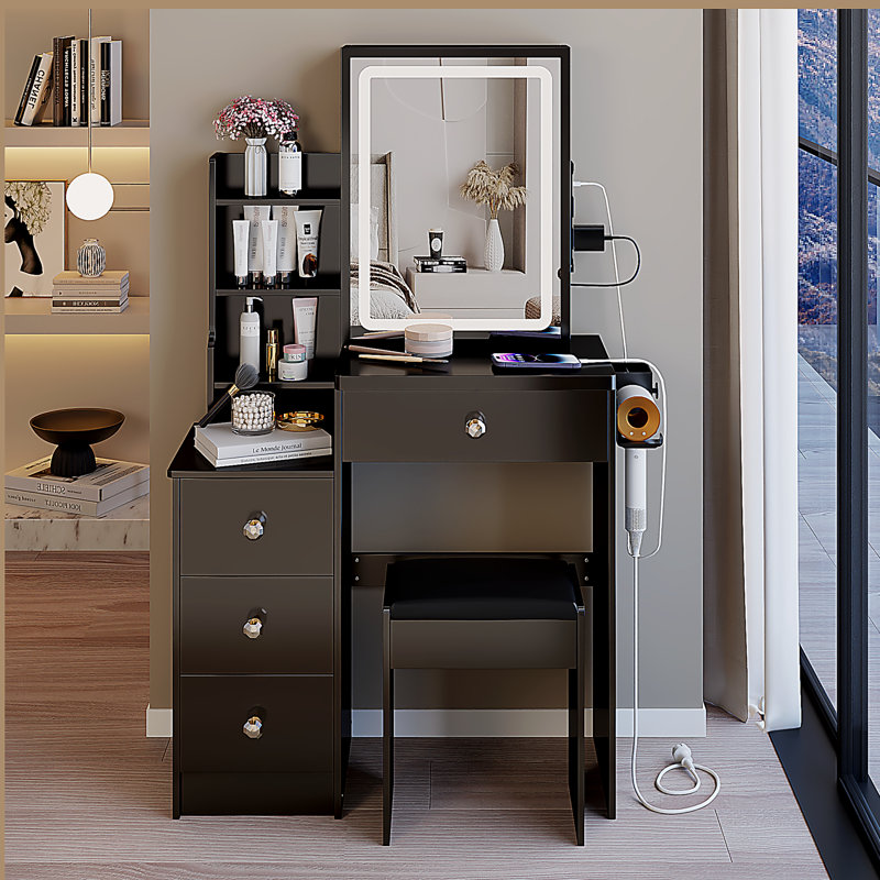 29.2" Small Size Left Bedside Cabinet Vanity Table + Cushioned Stool, 2 AC+2 USB Power Station, Hair dryer bracket, Extra Large Touch Control Sliding LED Mirror, Tri-color Switching, Brightness Adjust