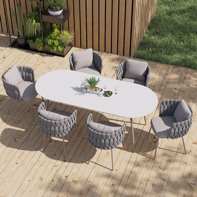 7-Piece 70.9" Outdoor Sintered Stone Dining Table Set with Rope Woven Chairs