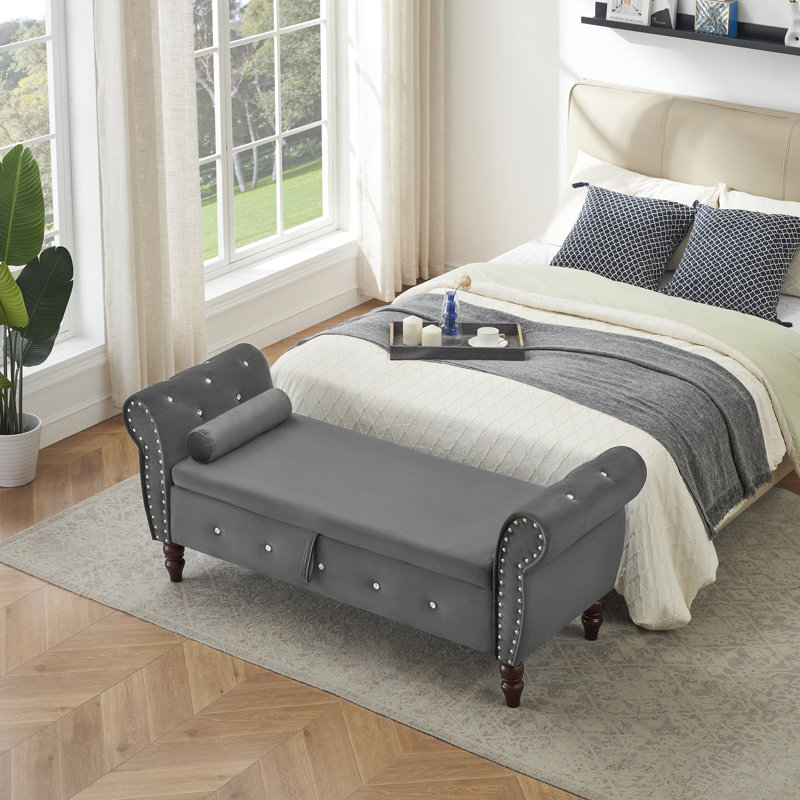 Banc de rangement en velours Larain, Gris foncé