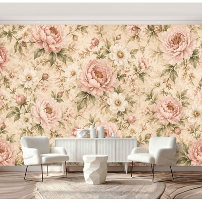 Peel and Stick Wallpaper Vintage Floral pink roses beige Wall Murals 69"H x 96"W Removable PVC Wall Paper Self-Adhesive Wall Decor for Bedroom Living Room Home Office