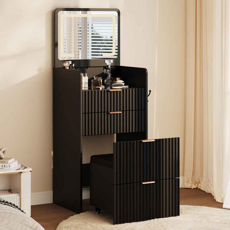 3 in 1 Vanity Desk with 3 Drawers and Rolling Stool, Compact Vanity with Flip Top Mirror and Lights, Modern Small Makeup Vanity Table with Charging