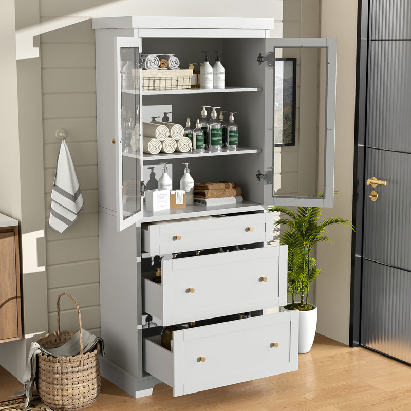 70.1" Tall Freestanding Cabinet With 3 Drawers, 2 Adjustable Shelves, Waterproof Surface For Bathroom And Living Room Modern Gold Handles Clear Glass