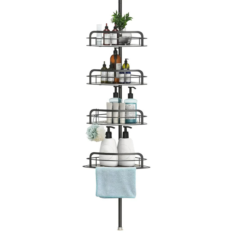 Serviteur de douche en coin résistant à la rouille pour la salle de bain 4 tablettes réglables en hauteur avec barre à serviettes avec support à tension et support à suspendre au sol pour salle de bain 8,66-116,14 po