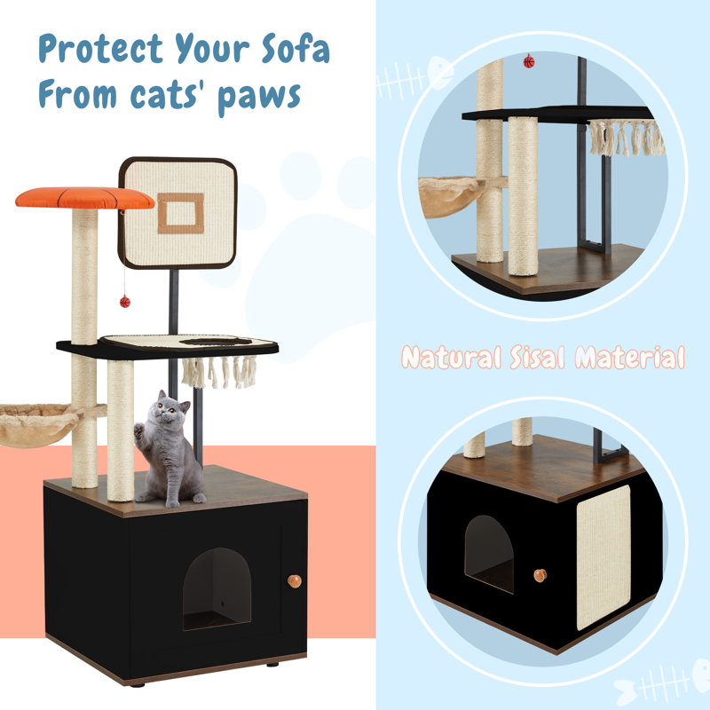 50" Cat Tree, Cat Litter Box Enclosure, 2-in-1 Cat Tower, Cat Condo With Scratching Posts For Indoor Cats, Black