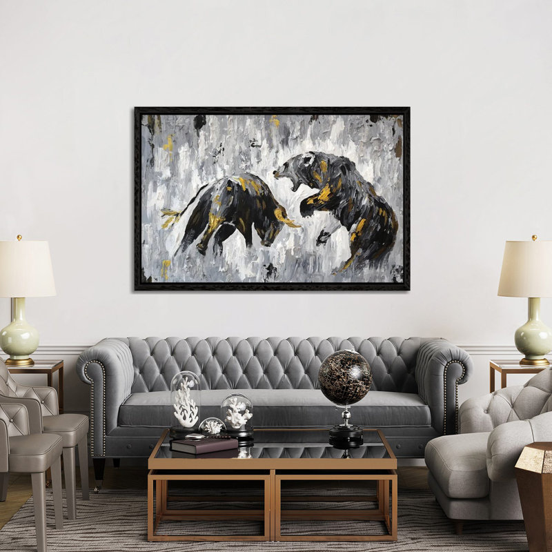 Bull vs Bear Stock Market Close Ups I 1 Piece Wall Art on Canvas, 152.5 cm H x 101.5 cm W, Black Floater Framed