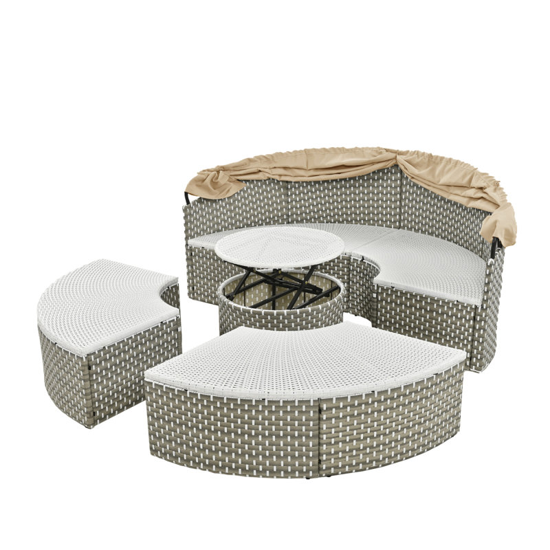 Ensemble de canapé modulaire d'extérieur rond en rotin à deux tons avec auvent rétractable et siège séparé pour patio, Beige
