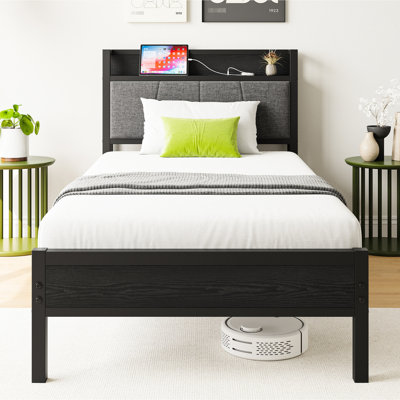 Twin Size Bed Frame With Charging Station And Storage Space - Solid Construction, No Box Spring Requirement Frame, Headboard Keeps Room Neat, Convenient