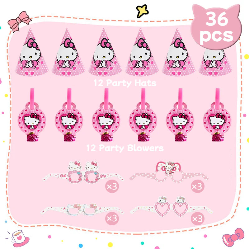 Verre à chapeaux Hello Kitty, 36 pièces décorations de fête d'anniversaire Hello Kitty