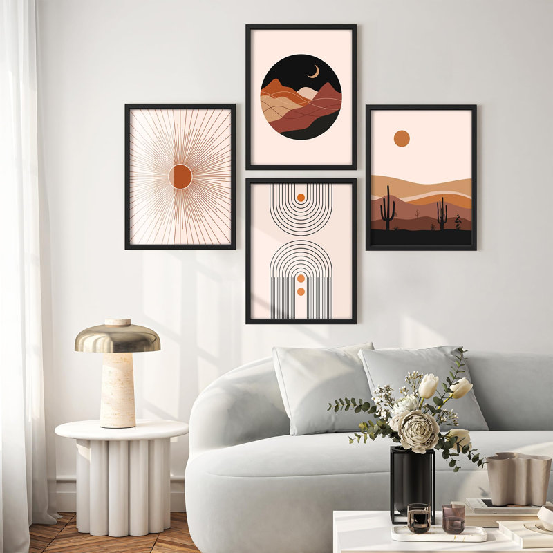 "Astronomie et Sud-Ouest, scènes de désert, formes abstraites, illustrations, art moderne, décor", 4 pièces, Blanc