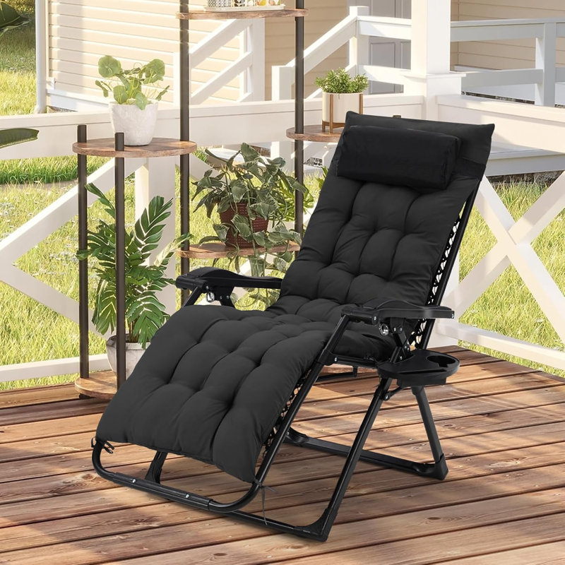 Chaises de patio inclinables pliantes pour l'extérieur avec coussin amovible, appui-tête réglable, repose-pieds détachable et porte-gobelet multifonctionnel