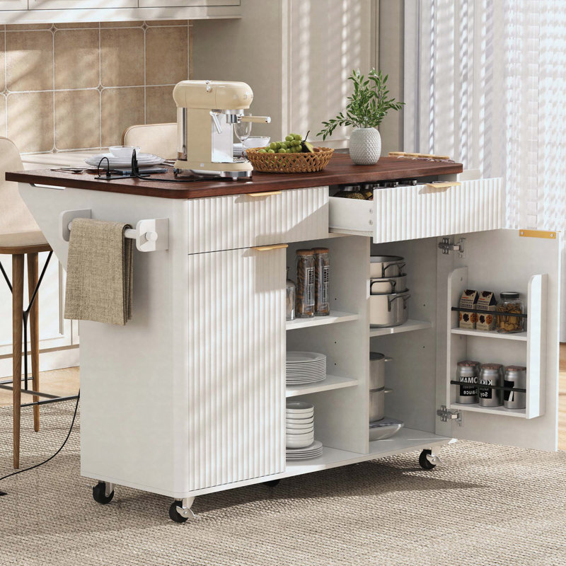 52" Fluted Kitchen Island with Drop Leaf, Power Outlet,  Kitchen Storage Cart with Adjustable Shelves, 2 Doors and 2 Drawers, Rolling Island Table with Walnut Color Top for Kitchen, White
