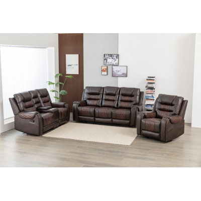 3-Piece Vegan Leather Manual Reclining Living Room Set With Hidden Cupholder