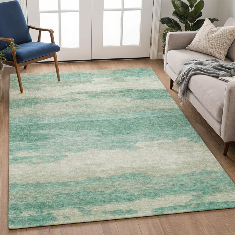 Tapis abstrait lavable à la machine intérieur / extérieur ACN2870, Turquoise, 10 pi x 14 pi