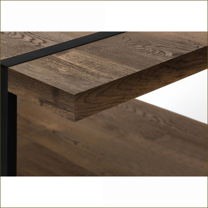 Table basse de salon Industrial-Farmhouse avec pieds en métal noir, stratifié brun et tablette de rangement fixe