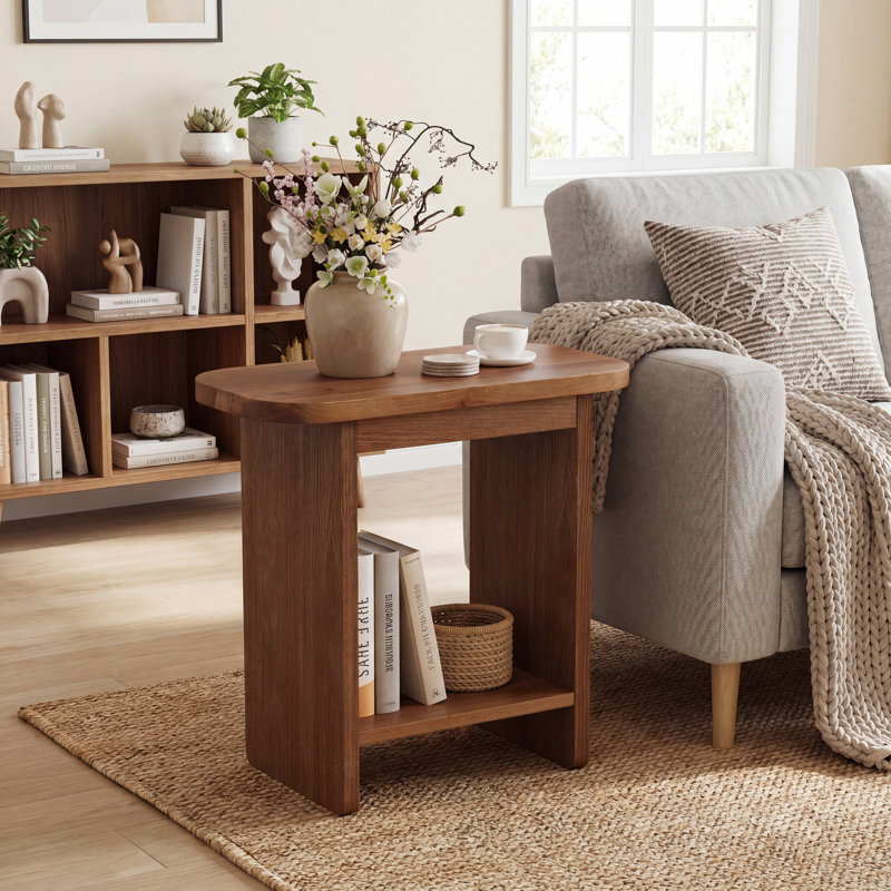Solid Wood End Table for Living Room, Rectangular Narrow Side Table with 2- Storage Shelves, Bedside Table Nightstand for Bedroom,  23.6" W x 11.8" D x 23.6" H