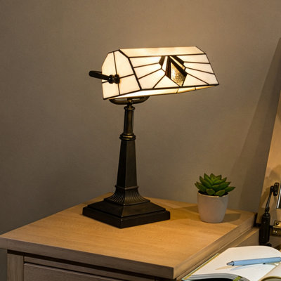 Tiffany Style Bankers Desk Lamp with Stained Glass Shade - Handmade Stained Glass Lamp with LED Bulb - Vintage Piano or Desk Light for Home Office, Bedroom, Living Room (Black)