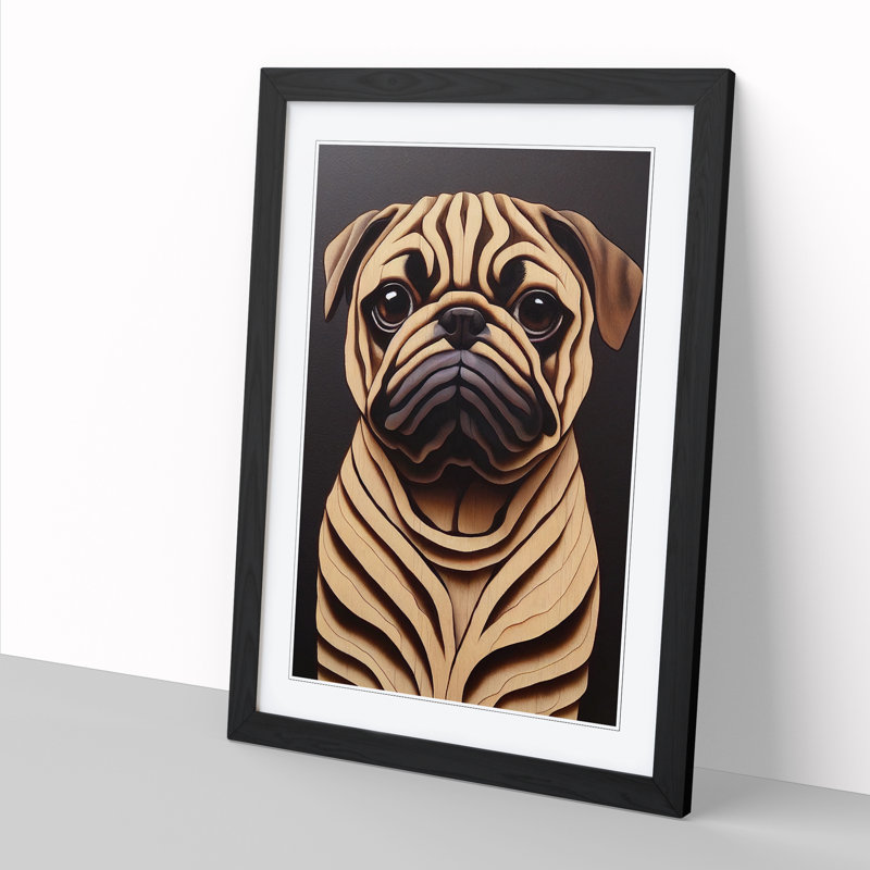 Pug Dog Wood Carving - Print, 34cm H x 25cm W x 2cm D, Oak