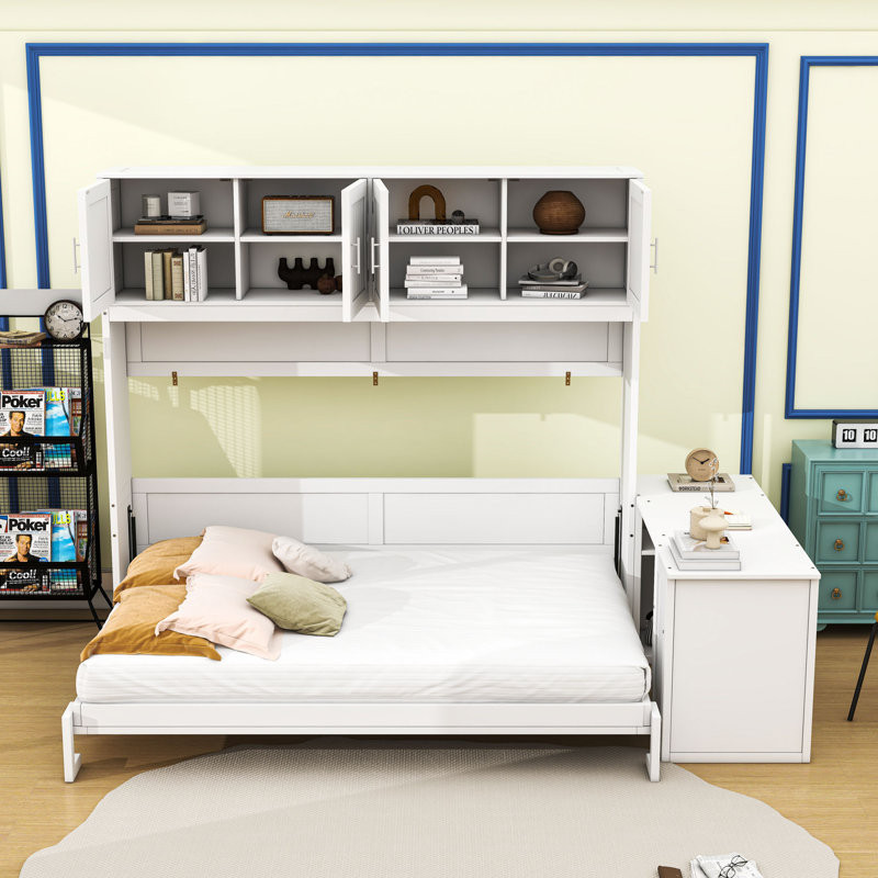 Grand lit escamotable en bois avec bureau intégré et rangement, Blanc