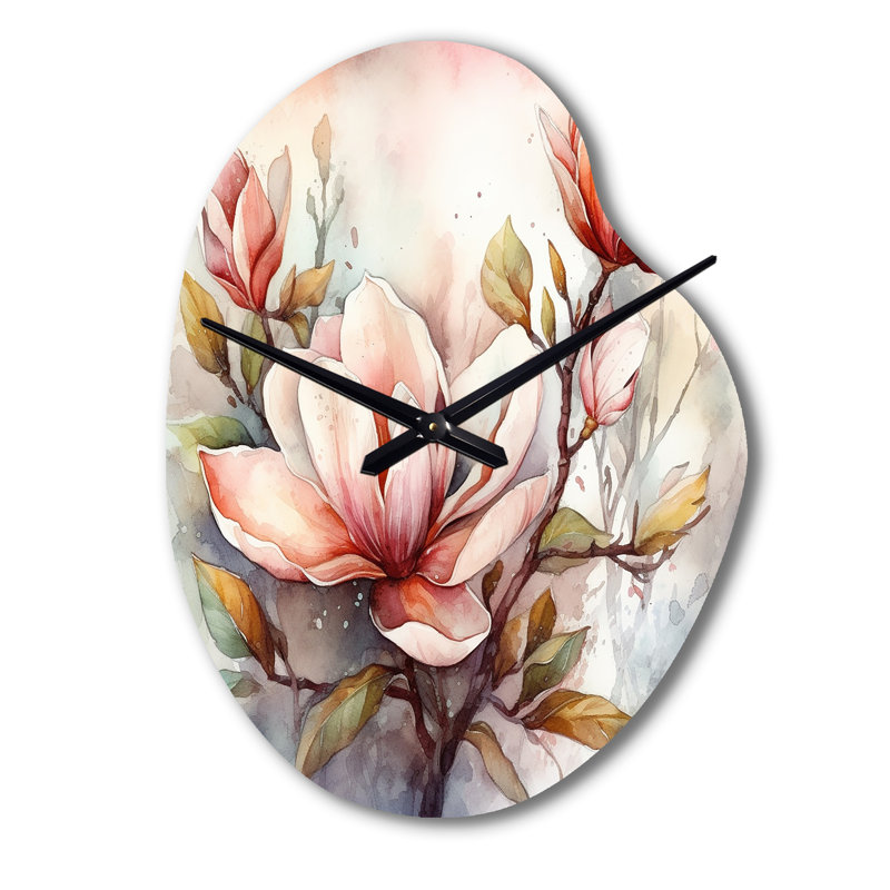 Red Magnolia Symphony - Horloge murale en métal à forme unique, impression d'horloge murale rouge, Grand