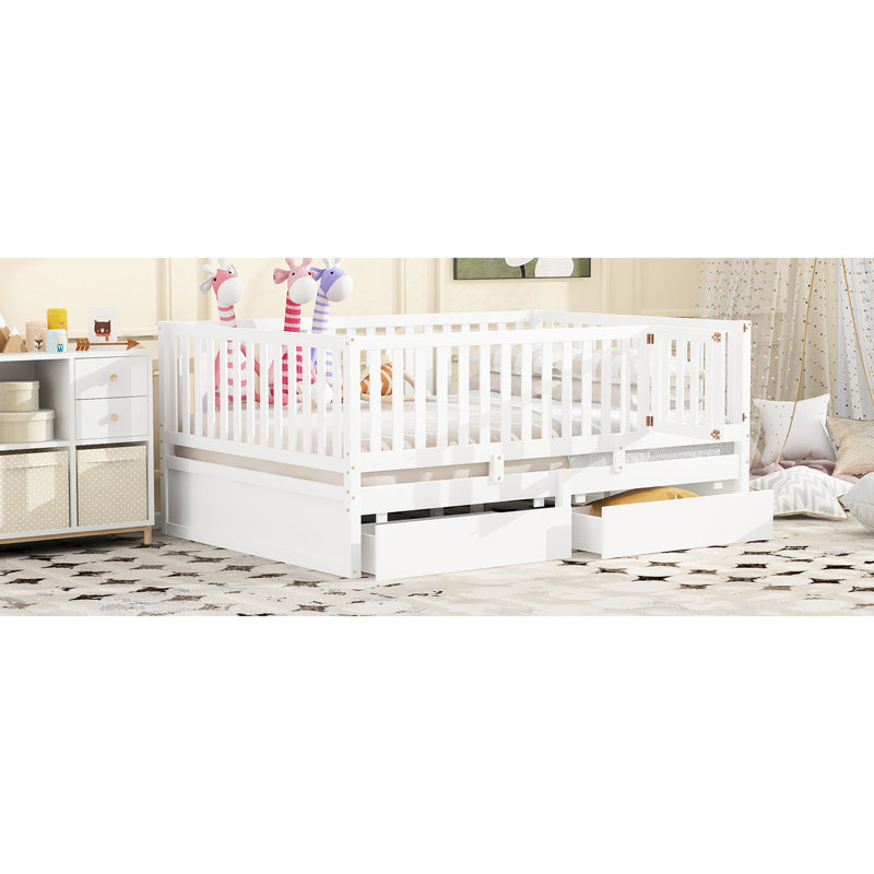 Full Size Daybed With Fence Guardrails & 2 Drawers, Easily Split Into Beds, White Drawers And Guardrails, Splits 2,, Full