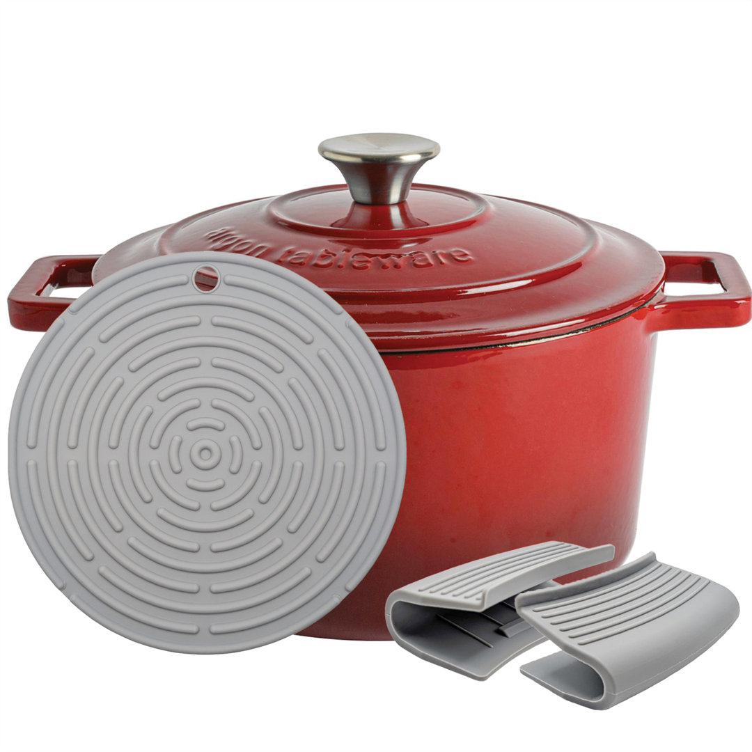 Argon Tableware Unisex Red Round Cast Iron Casserole Dish Cookware With Self-Basting Lid In - Image 2