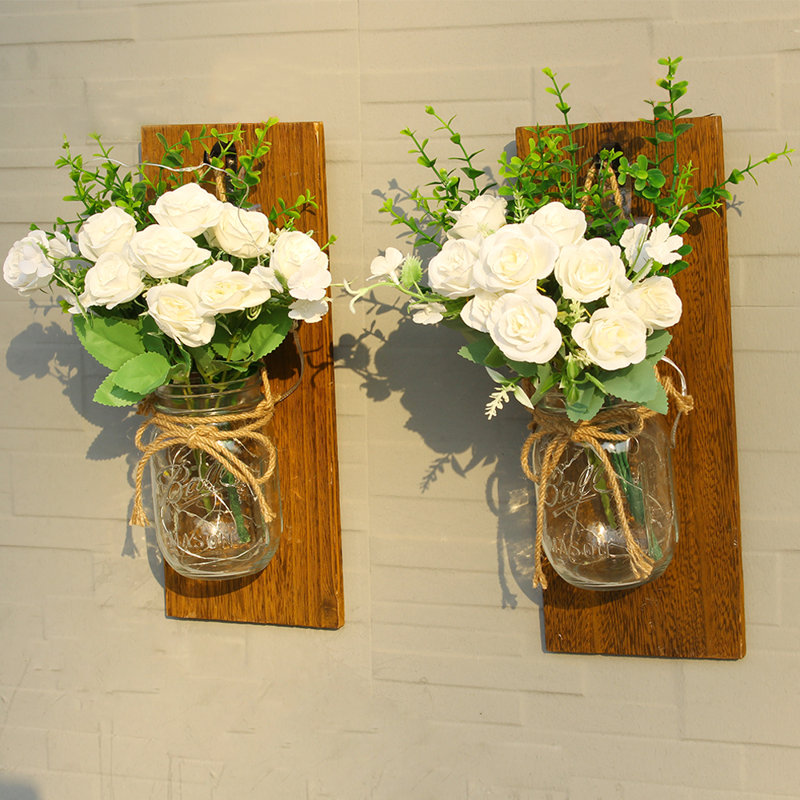 2-Pack Wall Sconces with Rustic Wood Boards, Mason Jars, Led Lights, Remote Control, White