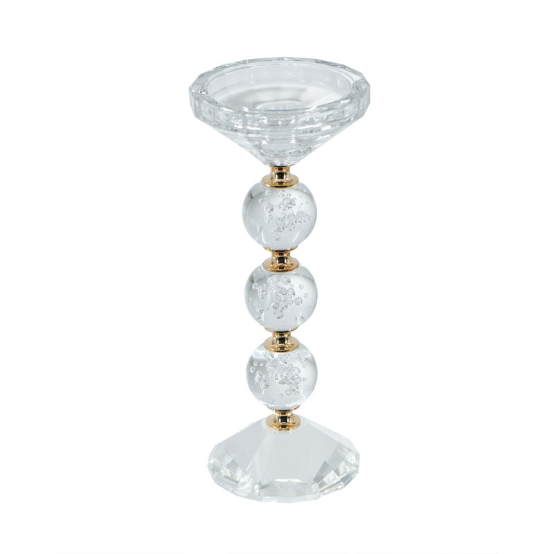 D3.5X9" Clear Glass Pillar Candle Holder With Gold Alloy Accents, 8.9" H x 3.5" W x 3.5" D