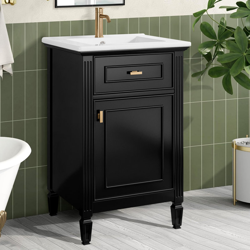 Meuble-lavabo autoportant moderne de 20 po avec lavabo en céramique, Noir
