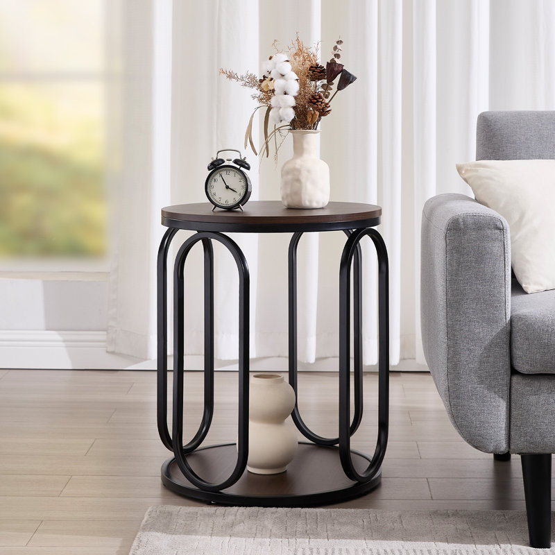 Carnforth 24.4"H Round End Table with Storage, Espresso Wood