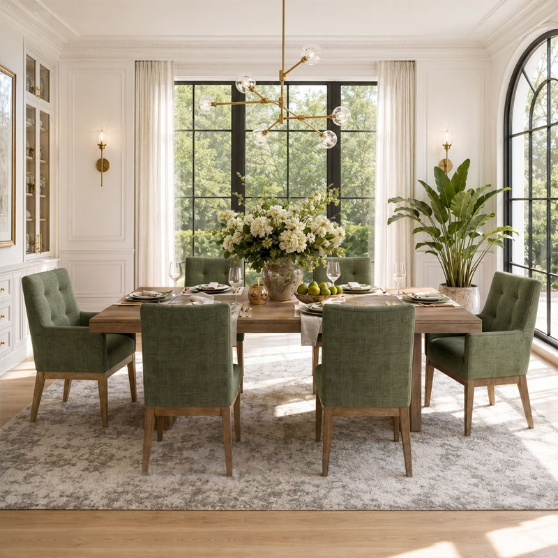 6-Piece Tweed Upholstered Solid Wood Legs Dining Chair Set, Green