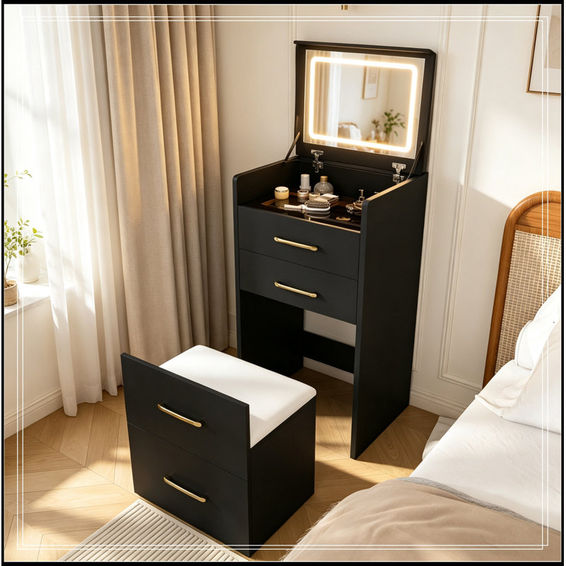Bureau de coiffeuse avec miroir ouvert et 3 tiroirs, Black