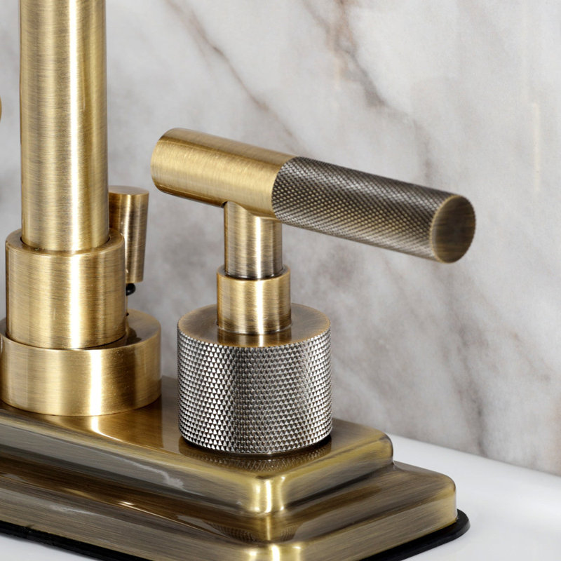 Kingston Brass Convergent Two-Handle 3-Hole Deck Mount 4" Centerset Bathroom Faucet With Knurled Handle And Brass Pop-Up Drain