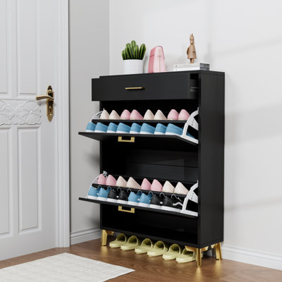 Rangement à chaussures pour le vestibule, range-chaussures autoportant avec 2 tiroirs rabattables, range-chaussures dissimulé pour garde-robe dans le couloir de la porte, noir