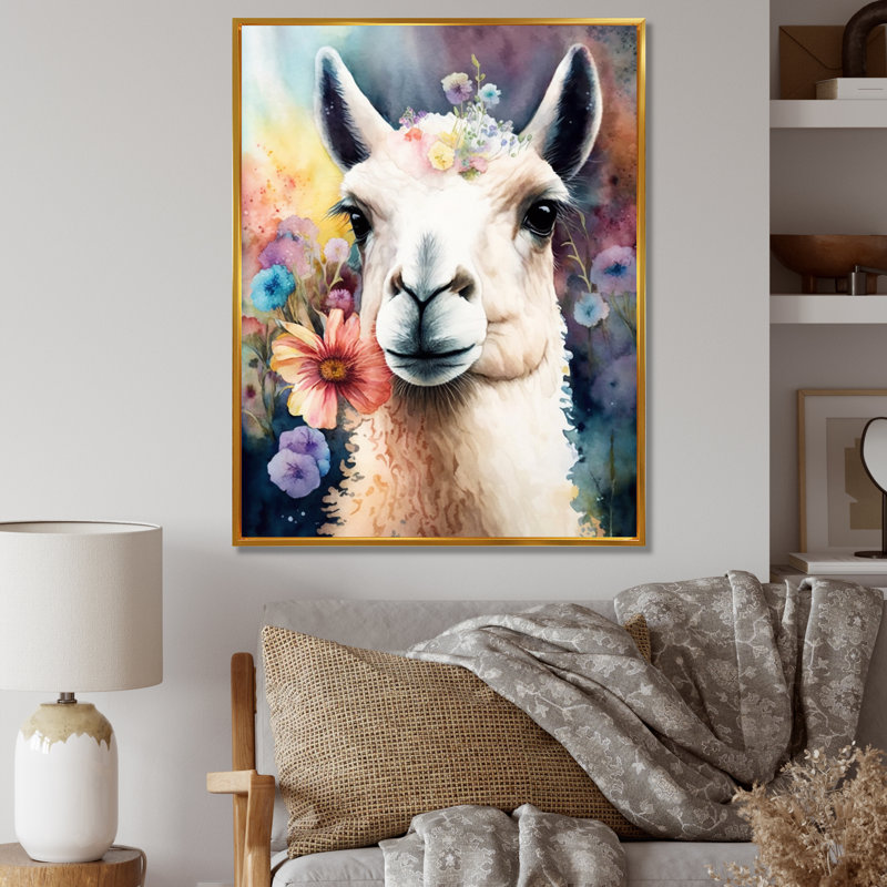 Portrait d'un lama avec des eurs, H 40 po x l 30 po x P 1,5 po, Cadre flottant doré