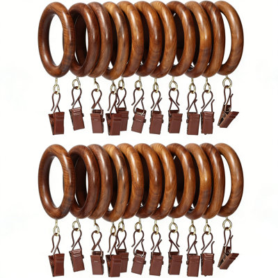 24 Pcs Alfreeda With Clips Wooden, 2.5 Inch For 1-1.5 Inch Rod, Window Shower Curtain Hooks, Wood Curtain Rod Wood Alfreeda With Eyelet