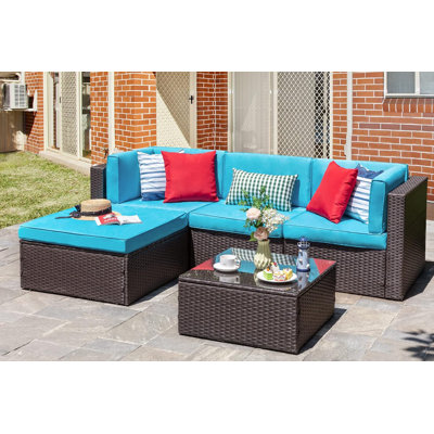 5 Piece Patio Conversation Set All Weather Wicker Rattan Patio Sofa Outdoor Sectional Seating Group With Cushions,Pillows & Glass Table For Porch,Lawn -  Ebern Designs, 831B915EE1F641749FED47A69CF0CDB7