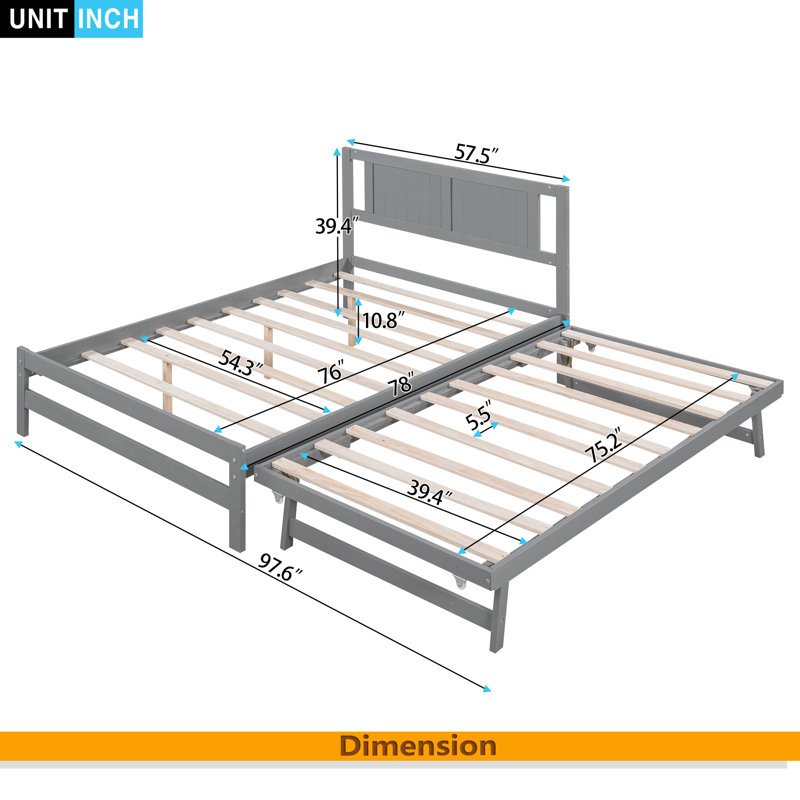 Full Platform Bed With Adjustable Trundle, Gray