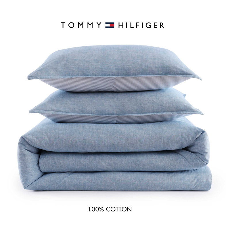 Tommy Hilfiger Classic Texture Cotton Light Blue Comforter Set, 3, King Comforter + 2 King Shamps