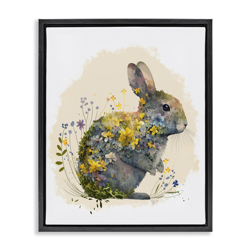 «Rabbit with Buttercup Flowers», art mural sur toile par Fab Funky, H 31 po x l 25 po, Cadre flottant noir de jais