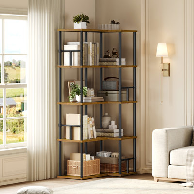 Bibliothèque d'angle à 5 niveaux, bibliothèque en L avec 3 options d'assemblage et rails latéraux verticaux ou en L, pour le salon, le bureau personnel