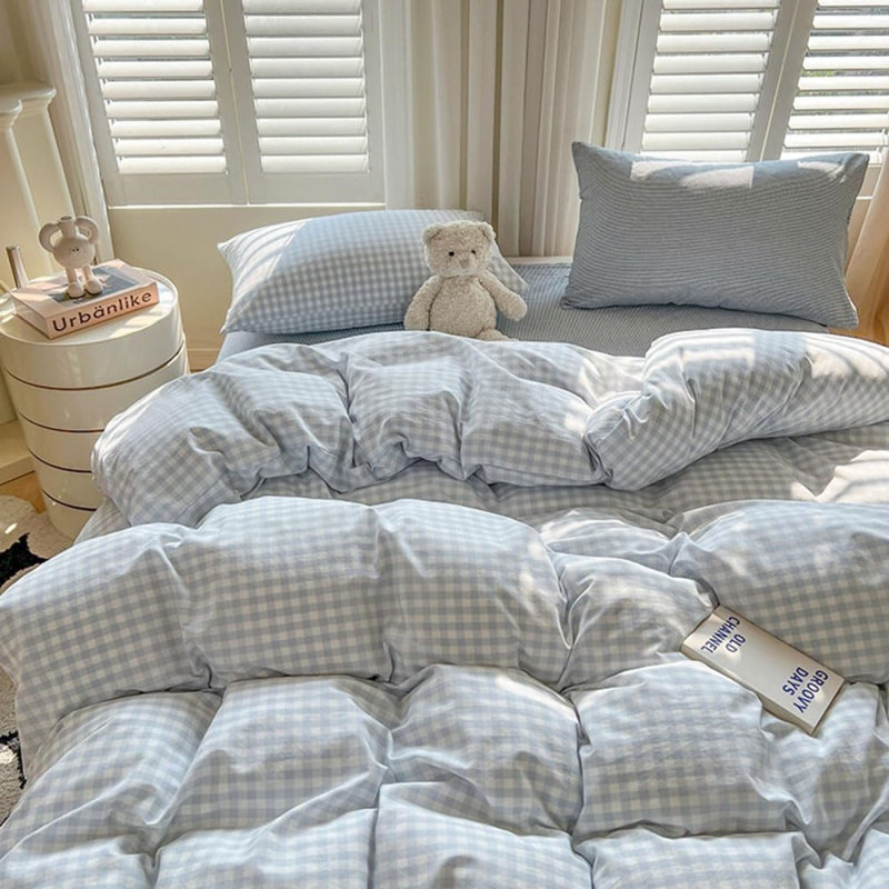 Housse de couette en vichy pour grand lit à carreaux bleu et blanc à carreaux avec housse d'édredon à carreaux 3 pièces