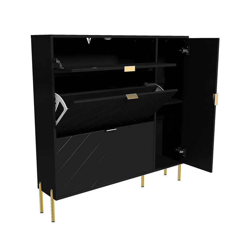 Shoe Storage Cabinet with Flip-up Drawers and Shelves, Black