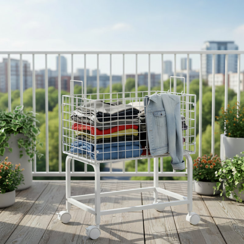 White, Tall Laundry Basket Trolley With Pull Rod, 80-Liter Capacity. Easily Fits Into Laundry Rooms, Bathrooms, And Bedrooms. Practical And Beautiful.