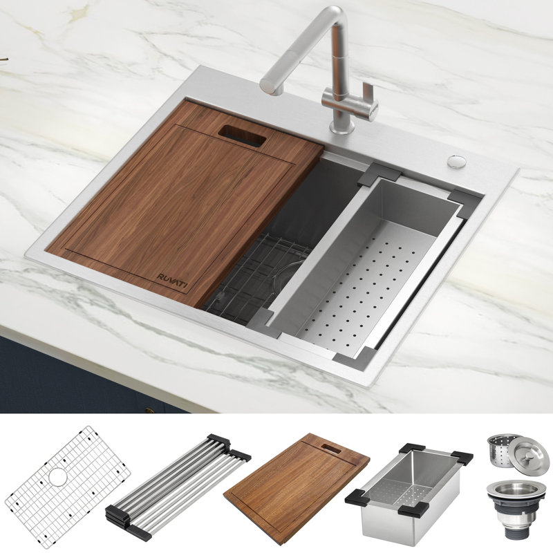 Siena 25" L x 22" W Drop-In Kitchen Sink with Basket Strainer