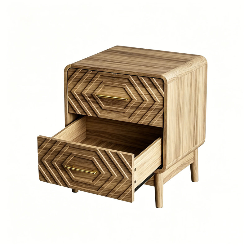 Table de chevet en noyer massif, table de chevet à 2 tiroirs avec pattes en bois massif et poignées en métal doré, table d'appoint aux coins arrondis pour chambre à coucher