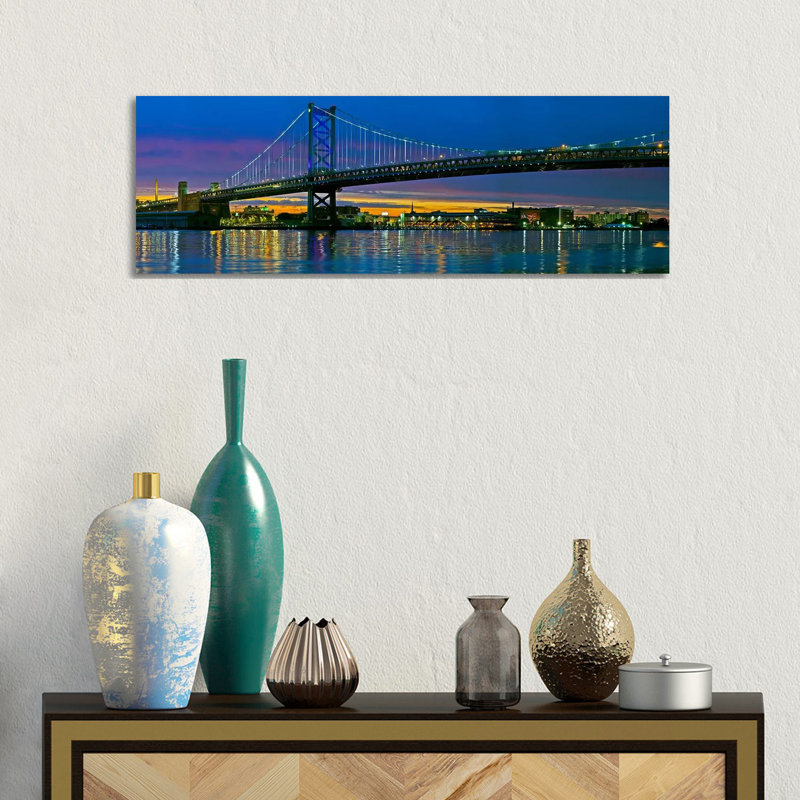 Suspension Bridge Across A River, Ben Franklin Bridge, River Delaware, Philadelphia, Pennsylvania, USA - Wrapped Canvas Panoramic Print