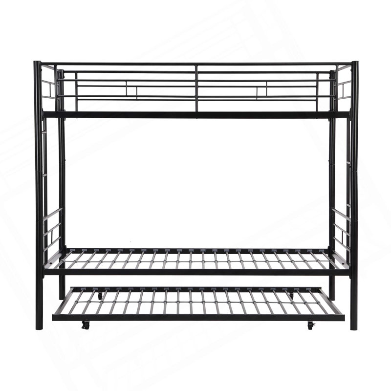 Structure de lit superposé en métal avec lit gigogne, garde-corps robuste et 2 tablettes latérales