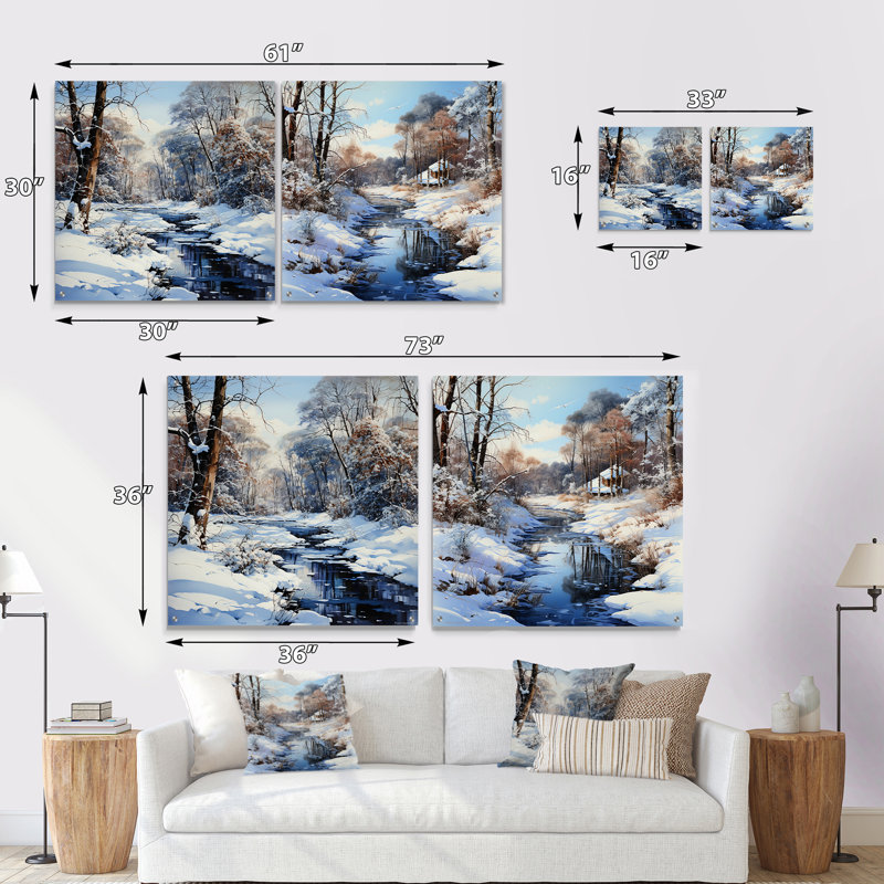 «Snow River Winter Scenery», ensemble de 2 peintures murales en acrylique sur neige, H 16 po x l 33 po