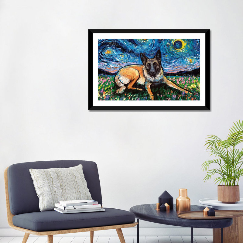 Reproduction d’art, "Belgian Malinois Night" par aja Trèves, Blanc, H 24 po x l 16 po x P 1 po, Papier encadré noir